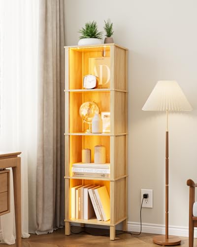 Bookshelf with LED Lights, Modern 4-Tier Bookcase, Open Storage Book Shelf, 11 × 14.2 × 50.4 Inches, Small Narrow Bookshelves for Living Room, Home Office, Bedroom, Natural - color: Natural