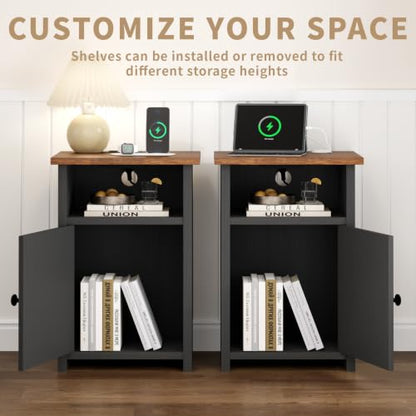 Farmhouse End Table Set of 2 w/Charging Station, Nightstands w/Barn Door & Storage Shelf, Rustic Bedside Table for Living Room, Bedroom, Entryway, Office, Small Spaces, Black