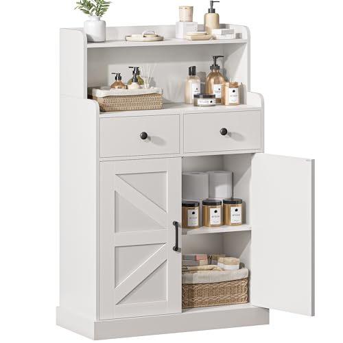 Farmhouse Bathroom Storage Cabinet with 2 Drawers & 2 Doors, Kitchen Cabinet Cupboard with Adjustable Shelves, Floor Storage Cabinet for Kitchen/Living Room/Bedroom, White