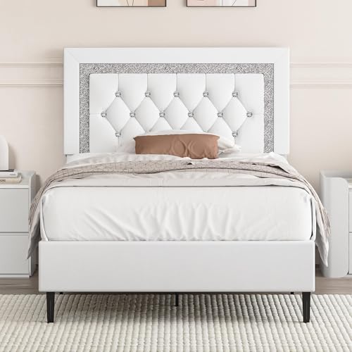 BarnFurin Twin Bed Frame with Tufted Button Headboard, White | Upholstered Platform Bed Frame with Diamond Design, Wood Slat Support, No Box Spring Needed, Easy Assembly - color: White, size: Twin
