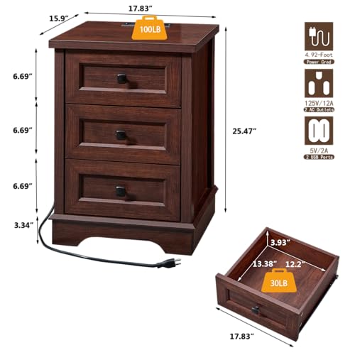 SOOWERY Farmhouse Dresser for Bedroom, 25" Chest of Drawers, Dark Cherry | 3-Drawer Wood Dresser, Farmhouse Style Storage Cabinet, Side Table - color: Dark Cherry, size: 15.9"D x 17.8"W x 25.5"H (3 Drawers)