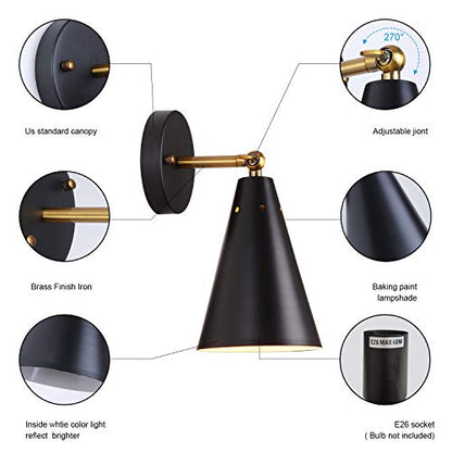 MWZ Modern Black Wall Sconces Lighting, 2 Pack Gold Rustic Lamp Fixture Farmhouse Simplicity Bronze Finish Arm Swing Industrial Wall Lights for Bedroom,Living Room,Reading,Kitchen - color: Black