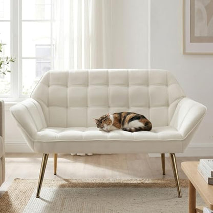 48" Small Loveseat for Small Spaces, Modern Sherpa Mini Sofa Couch 2-Seater Velvet Love Seat with Quilting Back and Gold Legs for Living Room/Bedroom, Cream - color: Cream