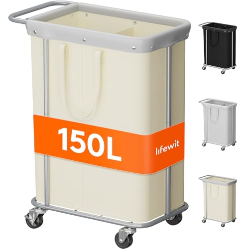 Lifewit 150L Rolling Laundry Basket with Steel Frame, Removable Bag, White | 2 Section Laundry Hamper with Rubber Wheels, Waterproof Large Laundry Cart, Sturdy Steel Base for Luandry Room, Bedroom - color: White, size: 150L