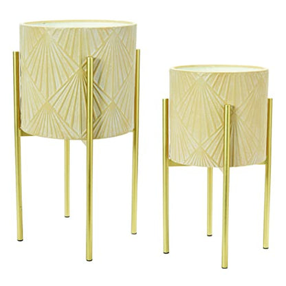 Main + Mesa Modern Boho Embossed Metal Planters with Stands, Cream and Gold, Set of 2 Sizes - color: Blush/Gold