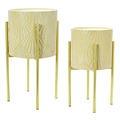 Main + Mesa Modern Boho Embossed Metal Planters with Stands, Cream and Gold, Set of 2 Sizes - color: Blush/Gold