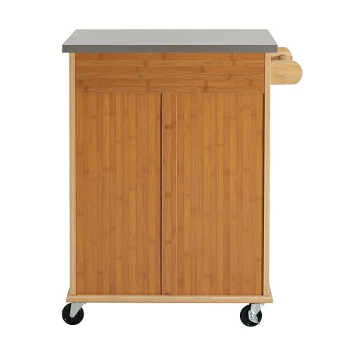 Christopher Knight Home ZAH Bamboo Rolling Cart with Drawers, Kitchen Bar Cart on Wheels with Stainless Steel Top, Mobile Rolling Kitchen Cart Storage Cabinet, Serving Cart, 29.13'' x 18.5'', Natural - size: Small