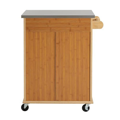Christopher Knight Home ZAH Bamboo Rolling Cart with Drawers, Kitchen Bar Cart on Wheels with Stainless Steel Top, Mobile Rolling Kitchen Cart Storage Cabinet, Serving Cart, 29.13'' x 18.5'', Natural - size: Small