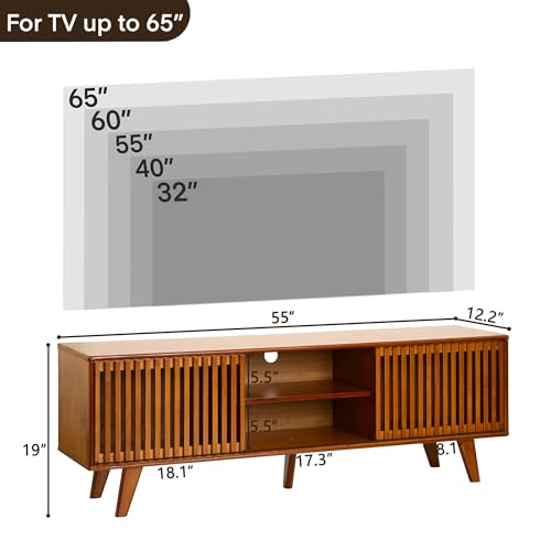 Bamboo TV Stand for TVs up to 65", Accent Entertainment Center with Storage, Media Console Table with Sliding Fence Door, Modern TV Stand for Living Room, Bedroom, 55"(L), Walnut - color: Walnut Fence Door