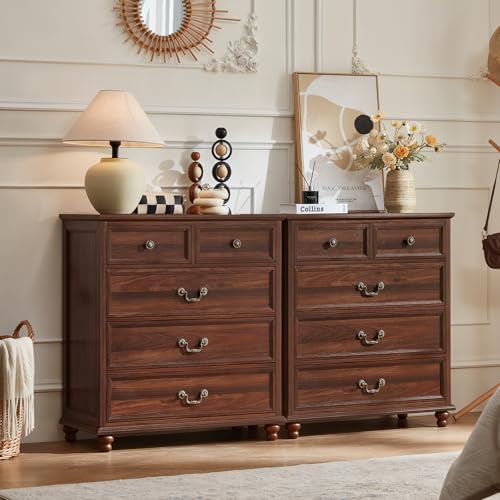Joaxswe Farmhouse 5 Drawer Dresser Set of 2 for Bedroom, 35" Tall Rustic Chests of Drawers w/ 4 Solid Wood Feet, Mid Century Vintage Wooden Closet Storage Dressers Organizer for Living Room,Brown - color: Brown, size: 15.7"D x 31.5"W x 35.2"H (5 Drawers)