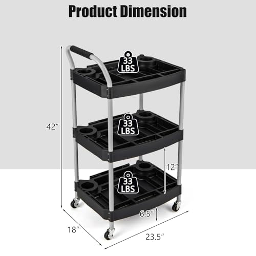 3 Tier Rolling Utility Cart with Compartment & Universal Wheels | 3 Shelf Rolling Storage Cart, Plastic Tool Cart Organizer for Garage, Office, Home, Warehouse, Repair Shop
