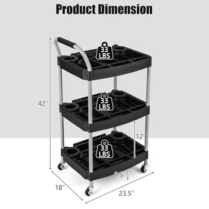 3 Tier Rolling Utility Cart with Compartment & Universal Wheels | 3 Shelf Rolling Storage Cart, Plastic Tool Cart Organizer for Garage, Office, Home, Warehouse, Repair Shop