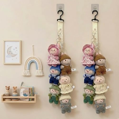 Plush Doll Hanging Storage Rope Display Rack with 8 Clips – Wall Hanging Organizer for Keychain Plushies, Mini Toys– Holds up to 3kg (2 PCS White) - color: 2 PCS White