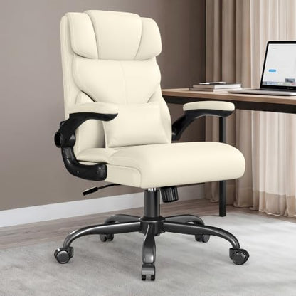 Office Chair, Executive Mid-Back Computer Desk Chair with Flip-up Armrests | 300 Lbs Ergonomic Leather Swivel PC Chair with Rock Function for Working Studying (Creamy White) - color: Creamy White