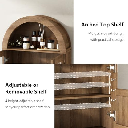 RUSTOWN Arched Bathroom Wall Cabinet with 2 Glass & Rattan Doors | Rattan Medicine Cabinet, Farmhouse Over the Toilet Storage Cabinet, Adjustable Shelves, 3-Tier Wall Mounted Cabinets - color: Rustic Oak