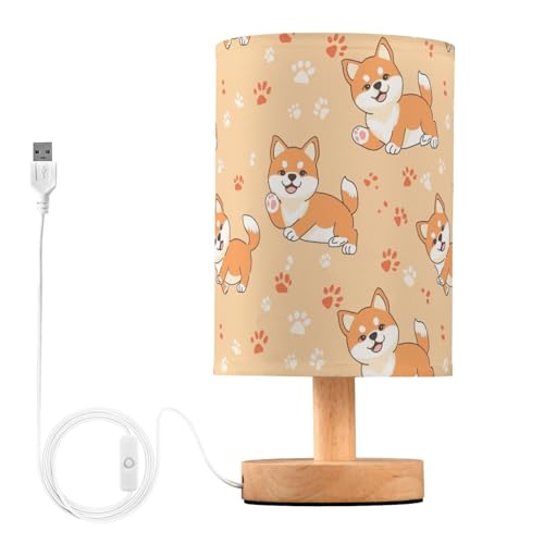 Fustylead Cute Happy Shiba Inu and Paw Prints Bedside Table Lamps with USB Port for Bedroom Lamp Accent Table Lamp Small Nightstand Lamp Linen Shade Decorative Lamps for Kids|Reading|Dome|Home - color: Happy Shiba Inu