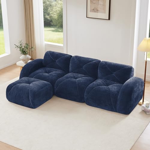 Blue L-Shaped Sectional Couches for Living Room, Velvet Fabric Boneless Couch, No Assembly Cloud Modular Sectional Sofa with 1 Ottoman, Foam Couch Compressed Sofa Set for Apartment, Sofas para Sala - color: Blue, size: 3 Seater + 1 Ottoman