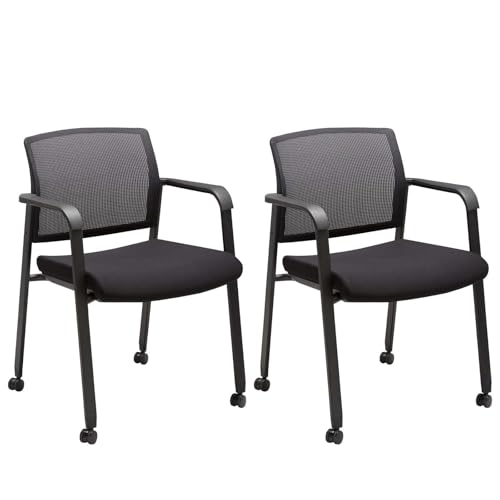 CLATINA Black Waiting Room Chair with Wheels Mesh Back Stacking Arm Chairs with Upholstered Fabric Seat and Ergonomic Lumbar Support for Office School Church Guest Reception - color: Withwheels Black, size: 2 pack