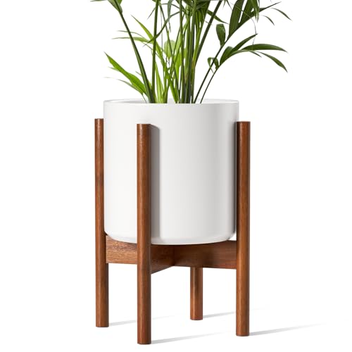 LE TAUCI 10 Inch Planter with Acacia Wood Stand, Ceramic Planter for Indoor Plants with Plant Holder, Mid-Century Modern Home Decor, Round Flower Pots with Drainage Hole, White - color: White, size: 10 Inch