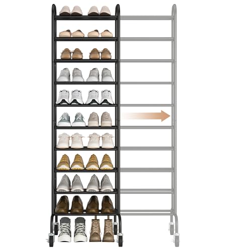 STORAGE MANIAC 10-Tier Expandable Shoe Rack, 44 Pairs Tall Vertical Shoe Rack, Heavy-Duty Metal Adjustable Shoes Organizer for Closet, Entryway, Hallway, Garage, Front Door, Shoes Shelves, Black - color: Black, size: 10 Tier