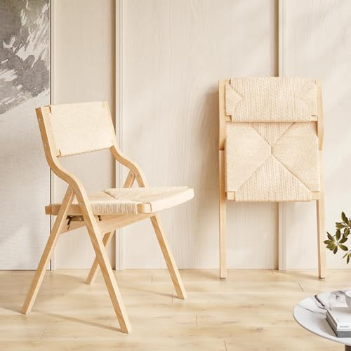 Wood Folding Chairs, Foldable Chairs Wooden Indoor Stackable Dining Chairs for Kitchen & Dining Room Chair Woven Seat & Webbing Back, Dining Chair Set of 2 - color: Natural/Natural, Woven Rope