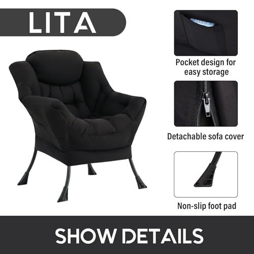 Lazy Chair with Ottoman, Comfy Accent Reading Chair, Black | Foldable Footrest,Removable Cover,with Armrests and Side Pockets,Upholstered Lounge Chair for Bedroom,Dorm,Office,Small Space - color: Single Black