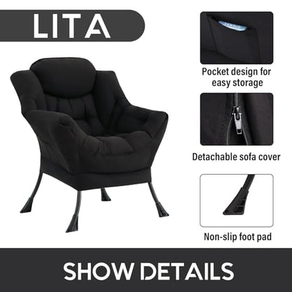 Lazy Chair with Ottoman, Comfy Accent Reading Chair, Black | Foldable Footrest,Removable Cover,with Armrests and Side Pockets,Upholstered Lounge Chair for Bedroom,Dorm,Office,Small Space - color: Single Black