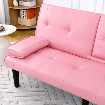 67" Futon Sofa Bed, Convertible Leather Futon Couch (Pink) | Sleeper Bed Couches with Adjustable Backrest, Cup Holders, Comfy Folding Loveseat Couch for Small Spaces Living Room Office - color: Pink