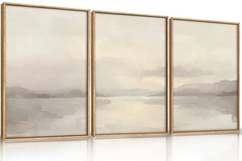LHIUEM Large Abstract Neutral Beige Pastel Framed Canvas Wall Art-16"x24"x3 | Modern Watercolor Lakes Wall Decor,Nature Mountain Minimalist Artwork for Living Room,Bedroom,Dining Room,Office - color: Abstract Neutral Beige Pastel Wall Art, size: 24"L x 16