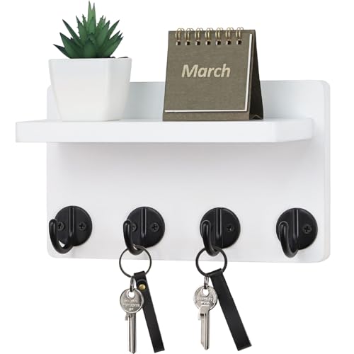 Nekon Key Holder Wall Mount, 8.5 Inch Small Home Decor Wooden Wall Organizer with 4 Hooks and Shelf, Wall Decor for Living Room Entryway Kitchen (White) - color: White