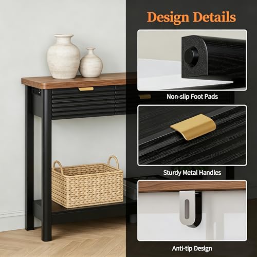 Fluted 47.2" Console Table with Outlets and USB C, Narrow Entryway Table with 3 Drawers, Modern Wood Sofa Table Behind Couch for Living Room, Black & Walnut - color: Entryway Table-black