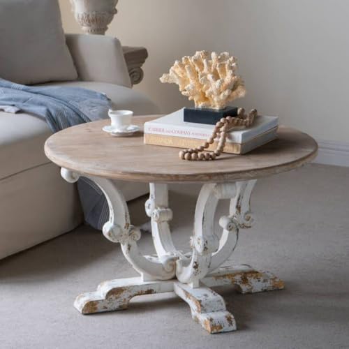 31.5" Round Solid Wood Coffee Table for Farmhouse Living Room | Retro Wooden Center Table with Distressed White Finish & Scrollwork Legs, Circle Tea Table, Easy Assembly, Antique White - color: B-31.5" Antique White