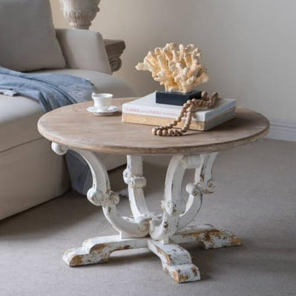 31.5" Round Solid Wood Coffee Table for Farmhouse Living Room | Retro Wooden Center Table with Distressed White Finish & Scrollwork Legs, Circle Tea Table, Easy Assembly, Antique White - color: B-31.5" Antique White