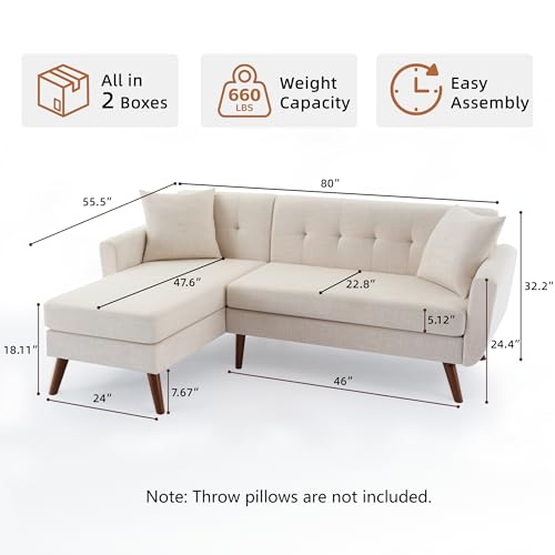 Tbfit L Shaped Couch Sofa, 80" W Mid-Century Modern Sectional Couches, 3 Seater Sofas with Wide Chaise Lounge, Button Tufted Upholstered Sectional Sofa for Living Room, Bedroom, Beige - color: Beige, size: 80" L-shape