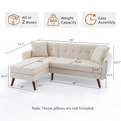 Tbfit L Shaped Couch Sofa, 80" W Mid-Century Modern Sectional Couches, 3 Seater Sofas with Wide Chaise Lounge, Button Tufted Upholstered Sectional Sofa for Living Room, Bedroom, Beige - color: Beige, size: 80" L-shape