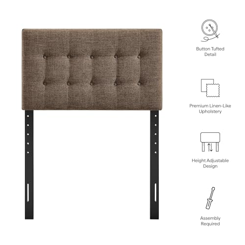 Modway Emily Twin Size Fabric Headboard in Mocha - Linen-Like Upholstery with Button Tufting and 7 Adjustable Height Positions - color: Mocha, size: Twin