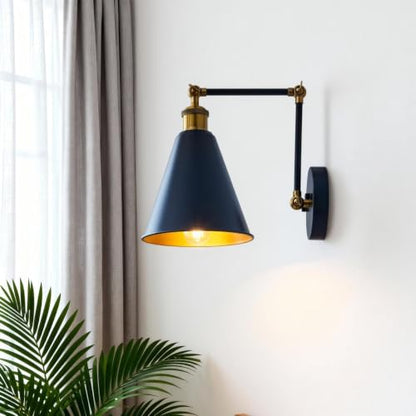 Swing Arm Wall Sconce Black Gold, 7" Metal Cone Shade | Farmhouse Wall Light, Adjustable Dual-Joint Arm, Industrial Wall Lamp, Antique Brass Accents for Bedroom Reading Living Room