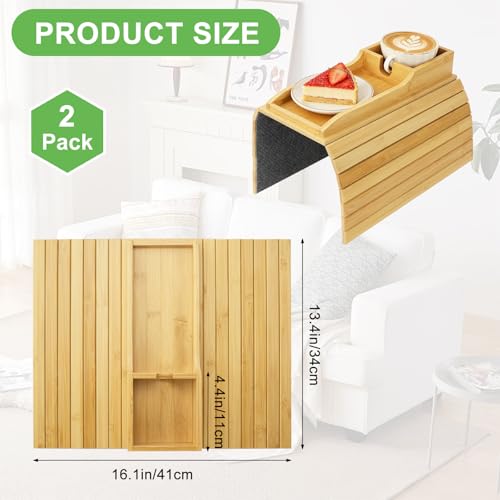 RETON 2 Pack Bamboo Couch Armrest Tray with Sofa Cup Holder, Anti-Slip Foldable Couch Arm Tray Table Organizer for TV Remote Drinks Cups Cellphone Snacks