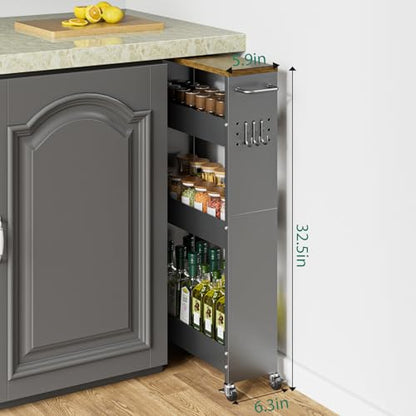 XYZLVSI Slim Storage Cart, Narrow Kitchen Rolling Cart for Small Spaces | 5.9" W skinny storage cart, 12.4" bottom metal utility cart with 360° swivel wheels for bathroom/laundry, slim shelf, Gray - size: 5.9IN-Gray