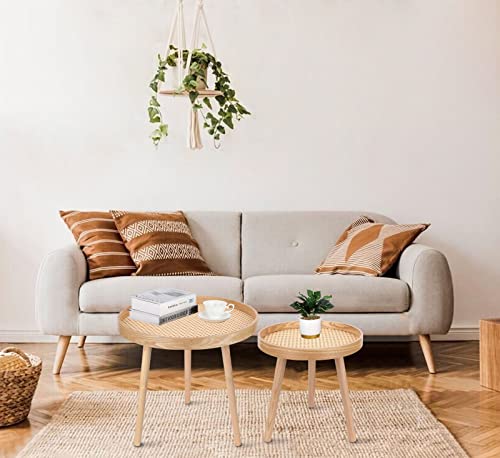 Round Coffee Table Set of 2, Natural Boho Coffee Tables, Small Mid Century Modern Rattan Coffee Table, Boho Side Table End Tables for Living Room Bedroom Office - color: Natural Walnut - Set