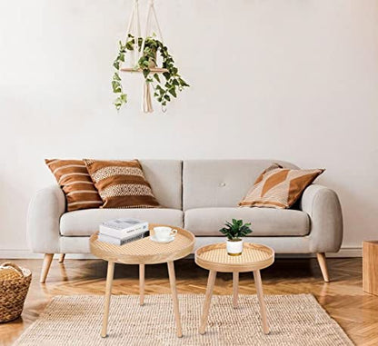 Round Coffee Table Set of 2, Natural Boho Coffee Tables, Small Mid Century Modern Rattan Coffee Table, Boho Side Table End Tables for Living Room Bedroom Office - color: Natural Walnut - Set