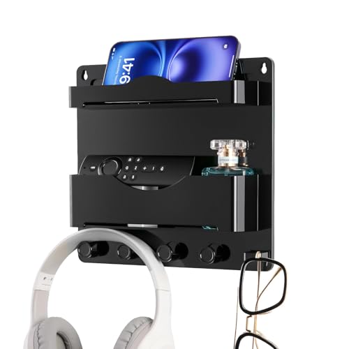 Bedside Wall Shelf with Glasses Hooks ，Adhesive Bedside Organizer Wall Mount for Dorm and Room Accessories Phone，Remote，Earphone， Kindle (Black) - color: Black