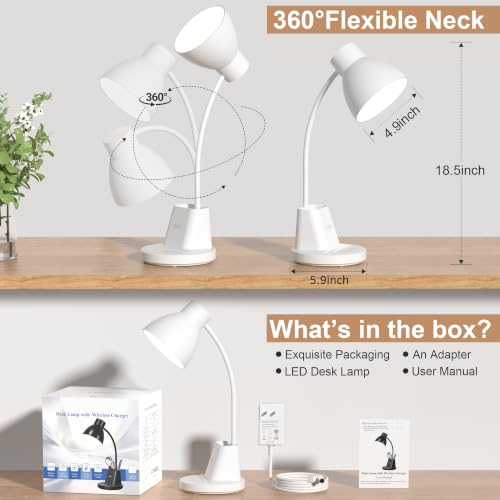 10W Wireless Charging LED Desk Lamp with Pen Holder, CRI 95, White | 800LM, 3 Modes, 360°Flexible Arm, Touch, Brightness, Table Lamp for Home Office, Dorm, Bedside, Study, Reading, with Adapter - color: White