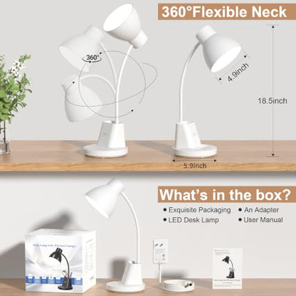 10W Wireless Charging LED Desk Lamp with Pen Holder, CRI 95, White | 800LM, 3 Modes, 360°Flexible Arm, Touch, Brightness, Table Lamp for Home Office, Dorm, Bedside, Study, Reading, with Adapter - color: White