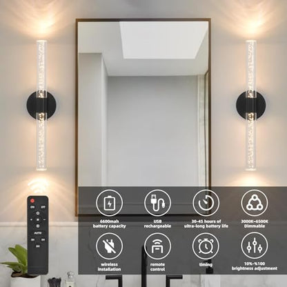 Battery-Operated Wall Sconces Set of 2, Black 20'' Rechargeable Crystal Bubble Wall Sconce with Remote Control, 3000K-6000K Dimmable LED Wireless Wall Lights for Living Room Bedroom Hallway - color: Black