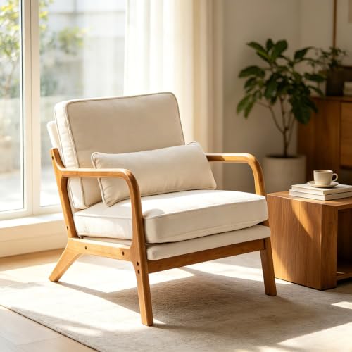 Karl home Mid-Century Modern Accent Reading Chair, Creamy | Chenille Upholstered, Solid Wood Frame, Soft Cushion, Lumbar Pillow, Lounge Armchair for Living Room, Bedroom, Balcony, Study - color: Chenille Creamy