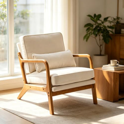 Karl home Mid-Century Accent Reading Chairs Set of 2, Beige | Chenille Upholstered, Solid Wood Frame, Soft Cushion, Lumbar Pillow, Lounge Armchair for Living Room, Bedroom, Balcony, Study - color: Chenille Beige