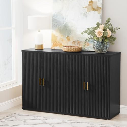 Black Accent Fluted Sideboard Buffet Cabinet with Storage and 4 Doors, Mordern Credenza Storage Cabinet with Adjustable Shelves, Media Console Table, for Living Room Dinning Entryway Kitchen - color: Black, size: 1 Piece
