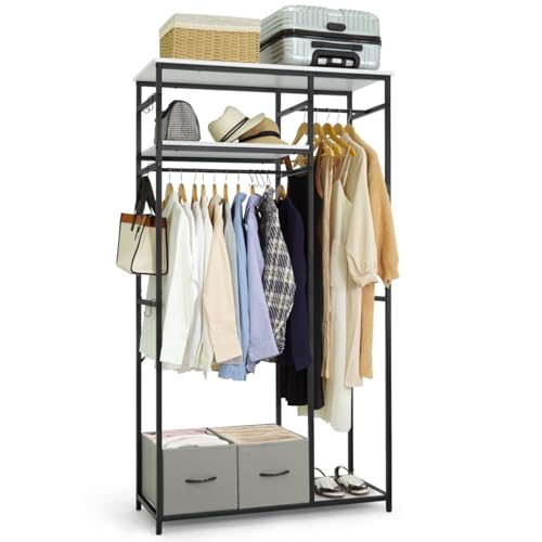 CAPHAUS 550 lbs Capacity Heavy Duty Clothing Rack, 40" W Metal Garment Rack with Drawers Hanging Rods and Wood Shelves Freestanding Closet Organizer, White Board - color: White, size: 40 Inch