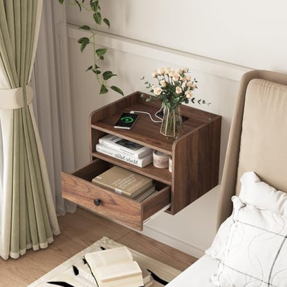 Floating Nightstand Set of 2 Modern Night Stands with Drawer and Open Shelf | Cubby Small Bedside End Table with Charging Station Wall Mounted Nightstands Set 2 for Bedroom Brown Walnut - color: Brown